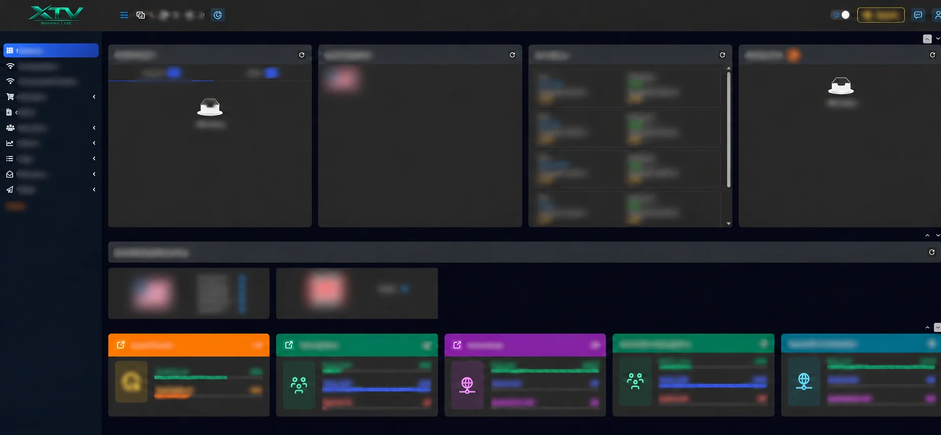 XTV reseller dashboard layout, with account details blurred and the XTV logo visible
